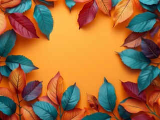 Autumn forest with colorful leaves against an isolated orange background, providing top copy space for text