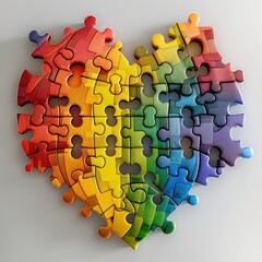 A colorful puzzle piece heart made of rainbow colored pieces
