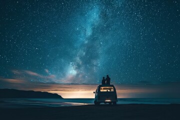 A couple enjoying stargazing from the top of a van, AI-generated