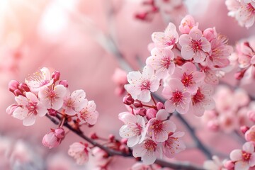 Obraz premium A serene scene with a blooming cherry orchard against an isolated pale pink backdrop, offering ample copy space below