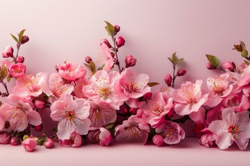 Cherry orchard blossoms against a soft pink backdrop with space below for text