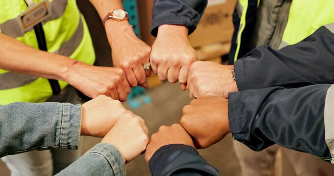 Logistics, team and people with hands in warehouse, factory and connected circle synergy for company growth or huddle. Workers, storage and distribution or export, support and collaboration mission