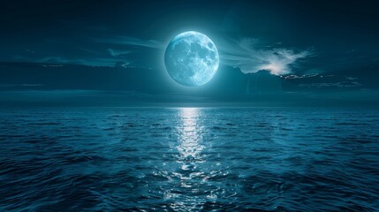 Bright moon over tranquil sea, isolated black background, top copy space