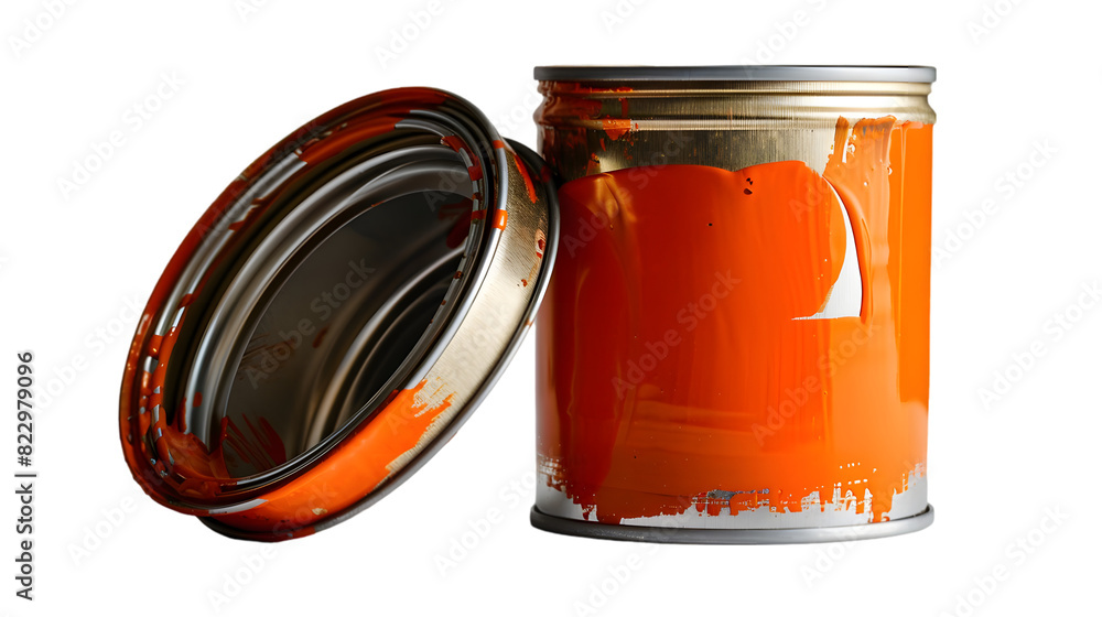 Poster large open used can of red paint with drips isolated on a transparent background