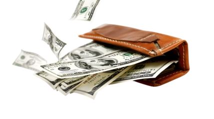 Hundred American dollars banknotes flying ot of a leather wallet isolated on a transparent background