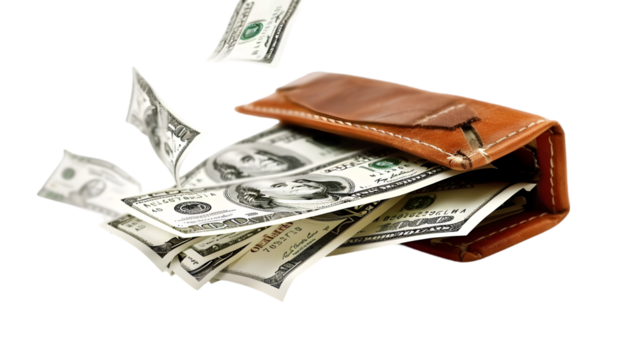 Hundred American dollars banknotes flying ot of a leather wallet isolated on a transparent background