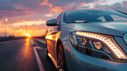 Fancy Car on Highway with Headlight On at Sunset, Fancy Car and Luxurious car Parked on the Road with Headlight On at Sunset