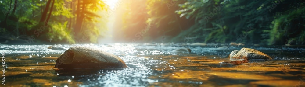 Poster clear stream flows through serene forest, set against isolated blue backdrop with ample copy space b