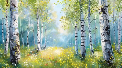 Spring landscape. Background of white birch tree trunks. Panoramic frame