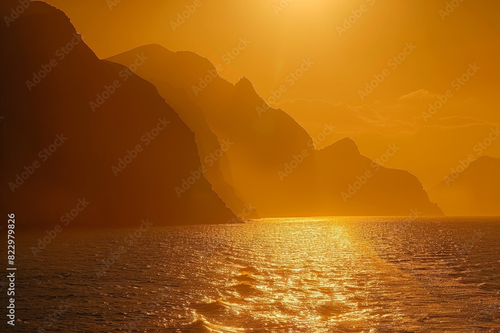 Poster sunset over coastal cliffs with empty space for text against an orange backdrop
