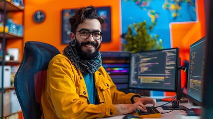 Bearded Programmer in Vibrant Office Setting Designing Software Solutions