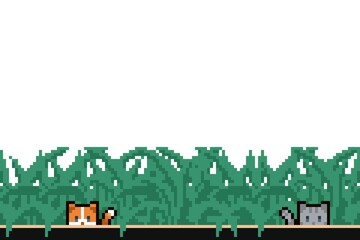 Pixel art of beautiful green plant and two kitty with white background and copy space. can be used for wallpaper, template card and background. Simple and cute card © evan