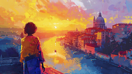 Vibrant illustration of a woman exploring a city's famous sights, depicted with a palette knife technique