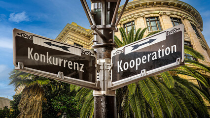 Obraz premium Signposts the direct way to cooperation versus competition