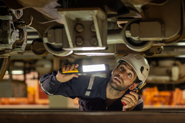 Electric train technician engineer checking controls system for security functions in maintenance infrastructure plant of sky train, public transportation vehicle,Teamwork management concept.