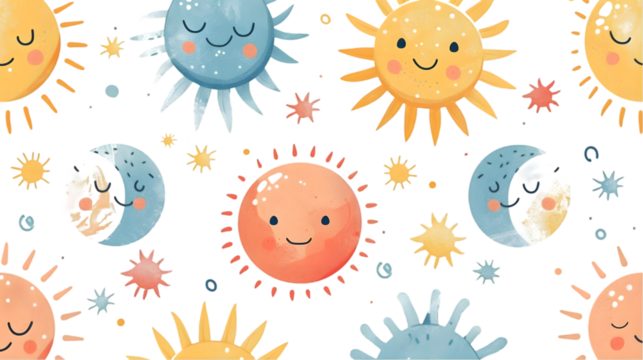 Pastel Summer Pattern with Cute Suns isolated on a transparent background