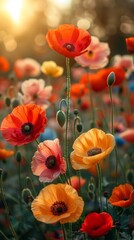 Flowering garden in sunlight, colorful backdrop, space on the right for copy