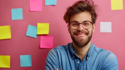 Cheerful Scrum Master Smiling Confidently in Vibrant Office Environment