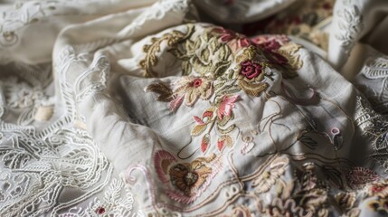 Intricate floral details and rich textures of vintage fabrics, such as lace, embroidery, or tapestries, highlighting their timeless elegance 