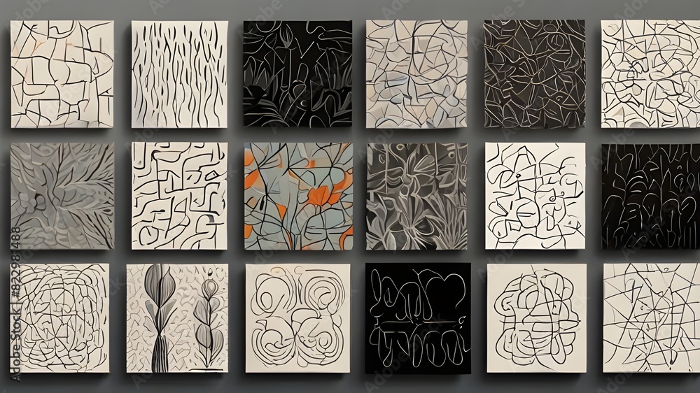 Poster big set of twelve abstract backgrounds. hand-drawn various shapes and scribbles. modern contemporary