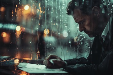 A man in a suit is standing in the rain, looking down and shaking his head generated by AI