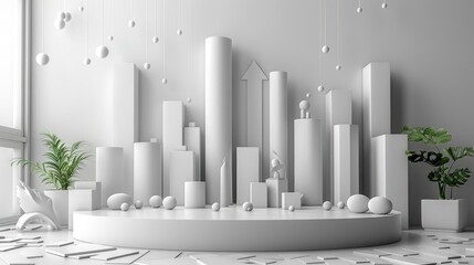 Realistic Cinema 4D business growth representation, minimalistic, smooth white gradient, studio lights, detailed design, open space