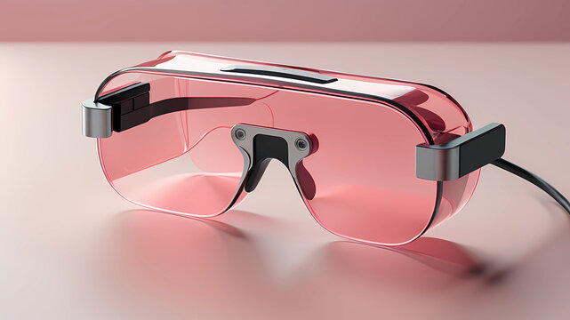 A stunning, minimalist, thin lightweight pink translucent glass VR glasses designed by BRAUN, Dieter Rams. Product ad retro. industrial design inspiration. Unreal engine render, natural lighting, on d
