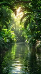 Obraz premium Text can be placed atop the isolated dark green background of the jungle river at dusk