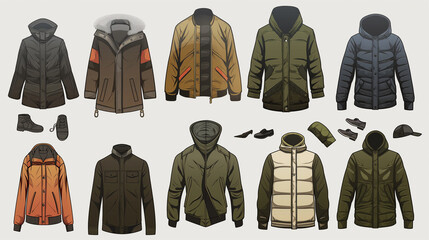 Collection of men's winter jackets and footwear illustrations