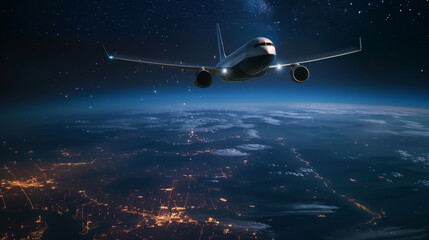 Front view of a commercial white airplane flying in the sky above a beautiful world at night with glowing neon lights below.