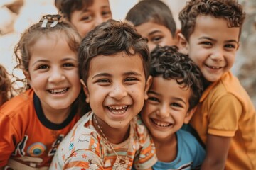Portrait of a group of children smiling and looking at the camera