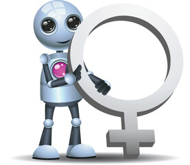 3D illustration of a little robot woman hold side by side female sex symbol on isolated white background.eps
