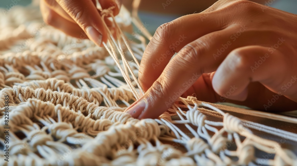 Poster close-up of hands weaving a complex macramé pattern, highlighting intricate texture and craftsmanshi