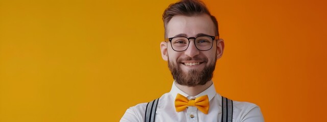 Cheerful Young Professional Accountant in Formal Attire Working on a Colorful Background