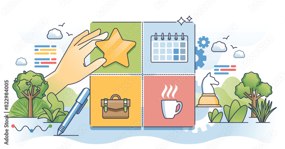Poster task prioritization eisenhower matrix for work time management outline hands concept. efficiency and
