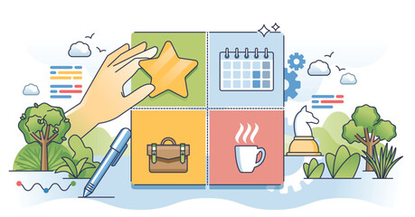 Task prioritization Eisenhower matrix for work time management outline hands concept. Efficiency and productivity improvement with do, delegate, schedule or eliminate framework vector illustration.