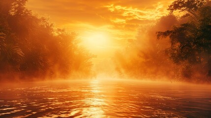 Misty river in autumn, isolated orange background, large copy space bottom