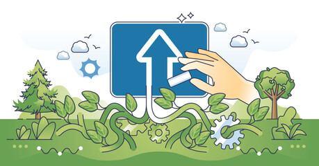 Green growth as sustainable future and development outline hands concept. Up arrow growing from roots of plant as environmental and nature friendly progress vector illustration. New eco business.