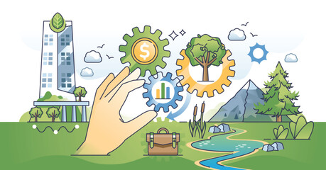 Fototapeta premium Sustainable finance and nature friendly business outline hands concept. Effective and ecological corporate governance with environmental impact management vector illustration. ESG reporting.