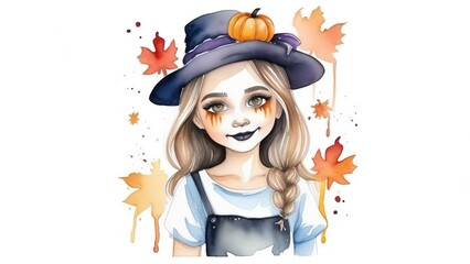 Watercolor illustration of a girl in a Halloween costume on a white isolated background, happy Halloween kids,