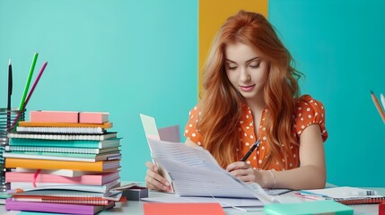 Cheerful Young Professional Focused on Paperwork and Laptop at Vibrant Office Desk
