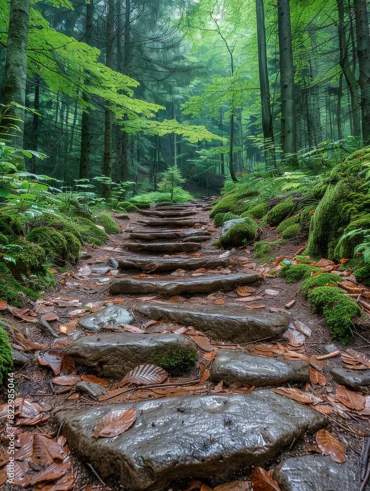 Poster an old forest path against an isolated green backdrop offers ample bottom space for text