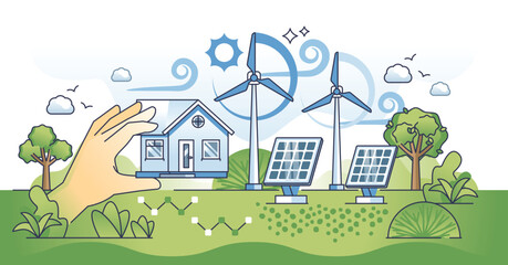 Eco friendly investments for sustainable house outline hands concept. Environmental electricity and power from ecological sources vector illustration. Investing in renewable energy business.