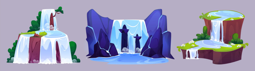 Waterfall cascade stream cartoon illustration. Water fall island icon with hill set for natural landscape. Isolated Victoria and Niagara clipart for fantasy game. Coastal summer scene with flood © klyaksun