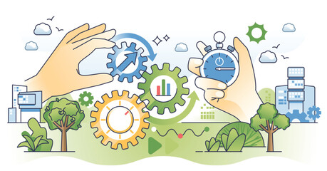 Productivity improvement for high work efficiency outline hands concept. Productive job management with precise time optimization and process analysis vector illustration. Lean manufacturing control.