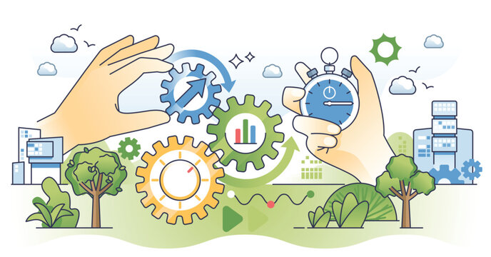 Productivity improvement for high work efficiency outline hands concept. Productive job management with precise time optimization and process analysis vector illustration. Lean manufacturing control.