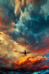 An airplane flying high in the sky, with beautiful clouds and sunset in the background.