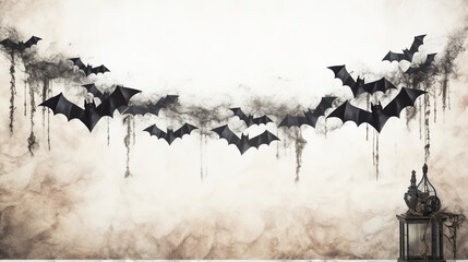 Horrific black bats swarm isolated on white Halloween background. Silhouettes of flying bats traditional Halloween symbols on white.