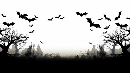 Horrific black bats swarm isolated on white Halloween background. Silhouettes of flying bats traditional Halloween symbols on white.