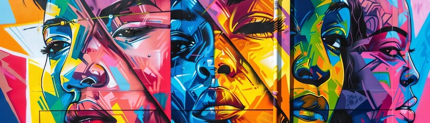Colorful abstract painting of faces.